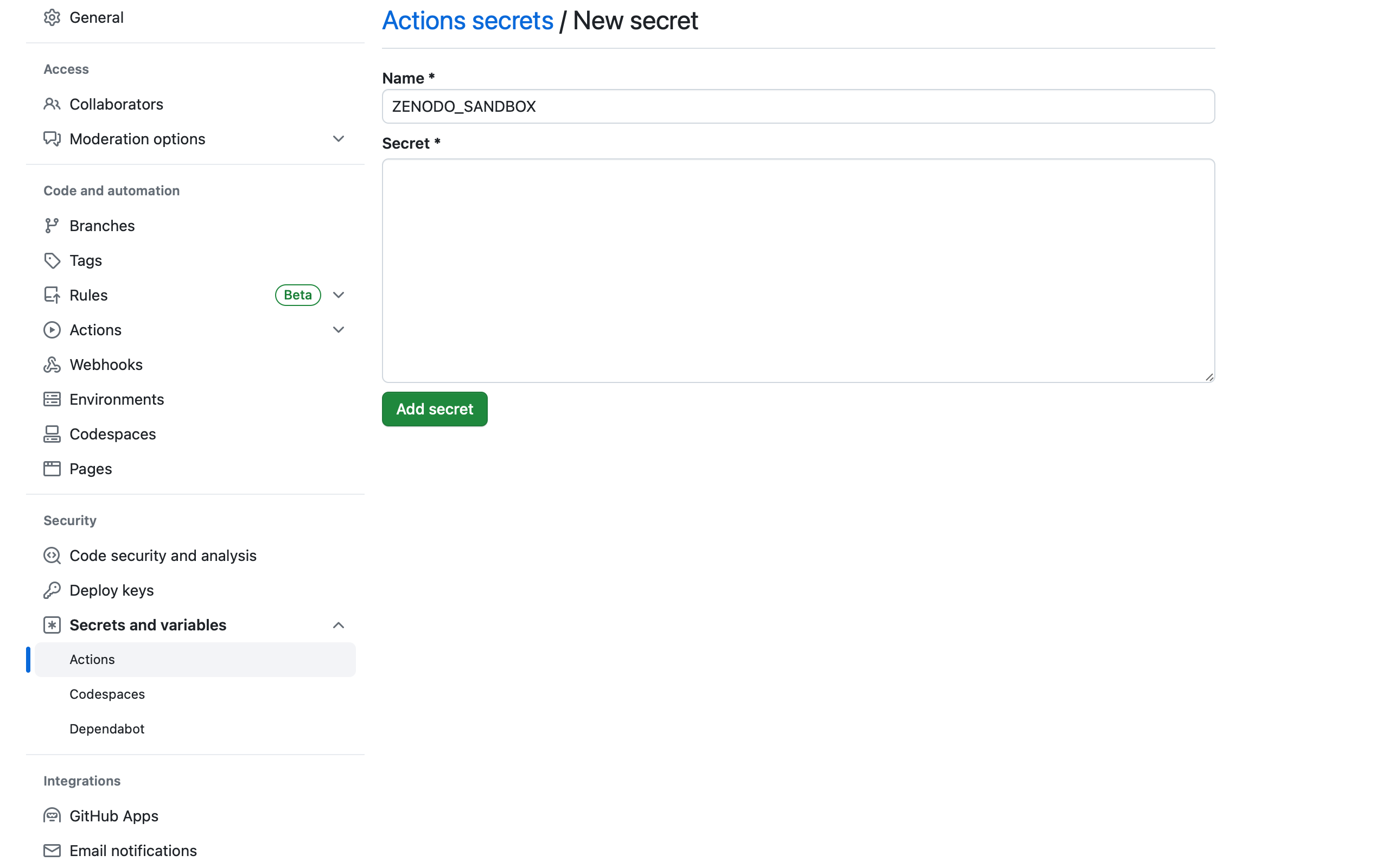 GitHub: New action secret