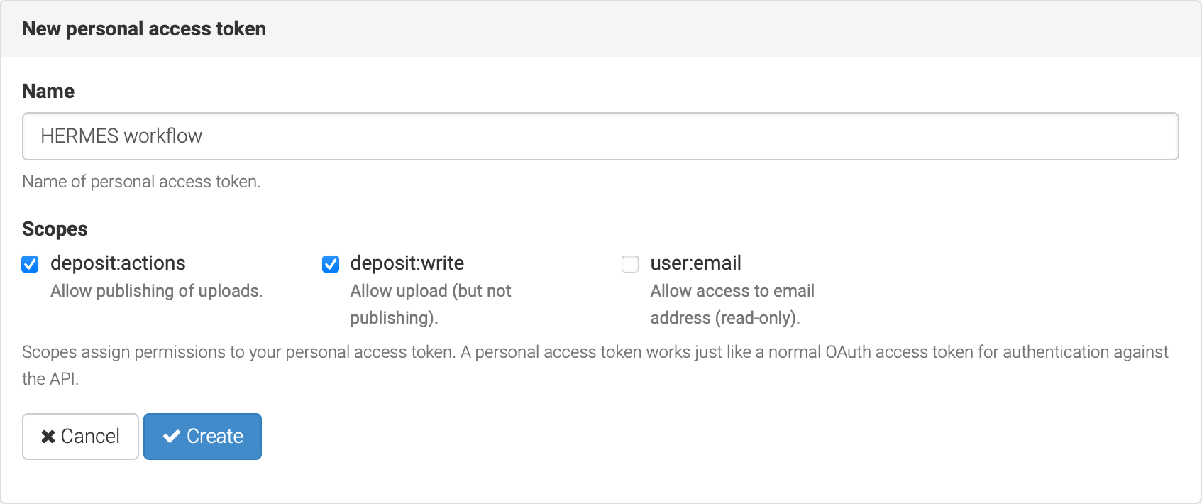 Zenodo: New personal access token