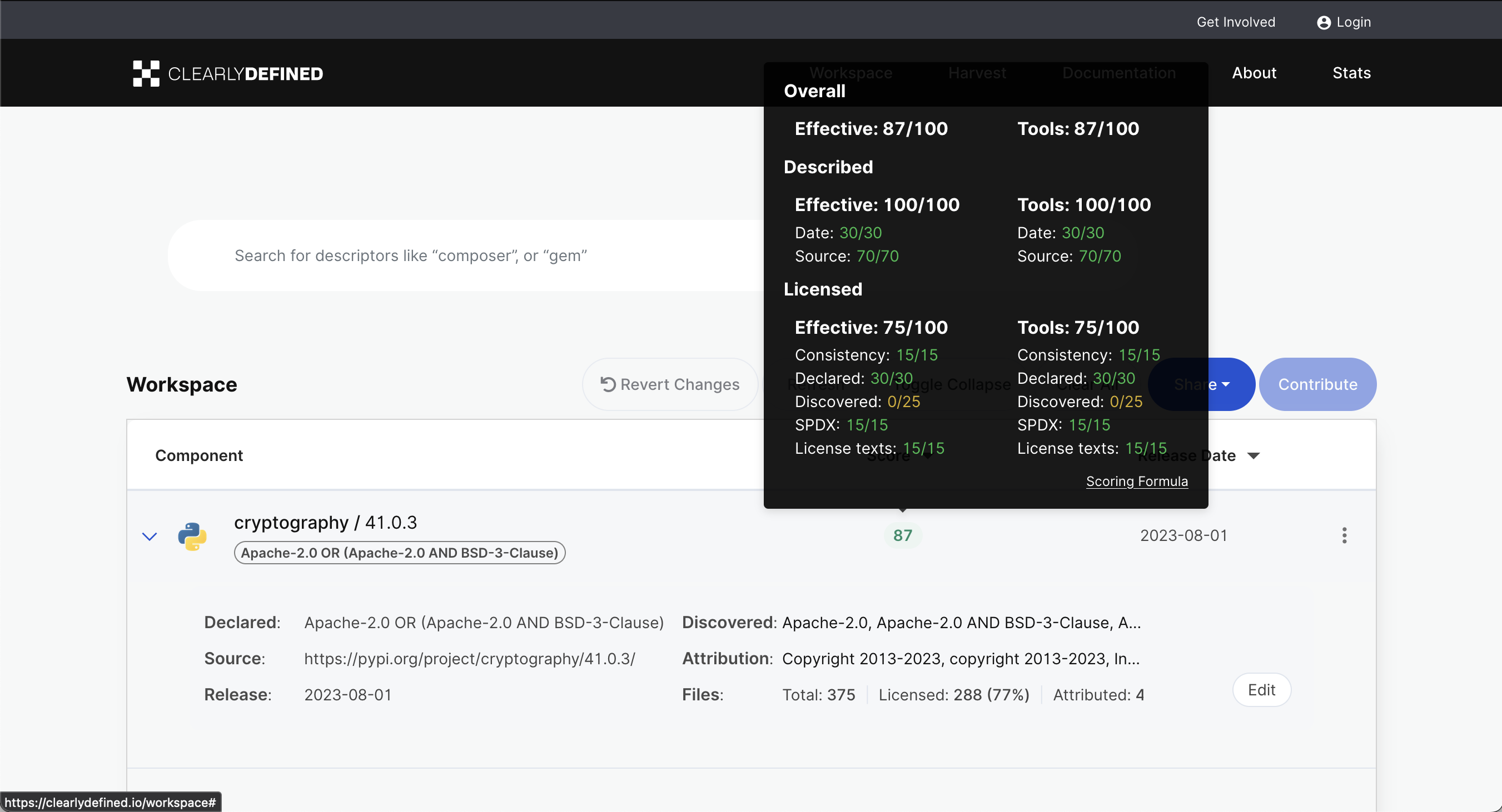 Screenshot of the ClearlyDefined website with cryptography example