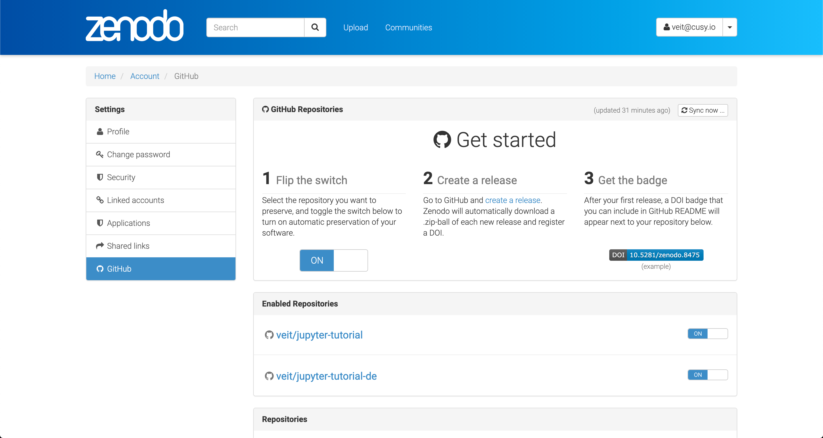 Enable repositories for Zenodo